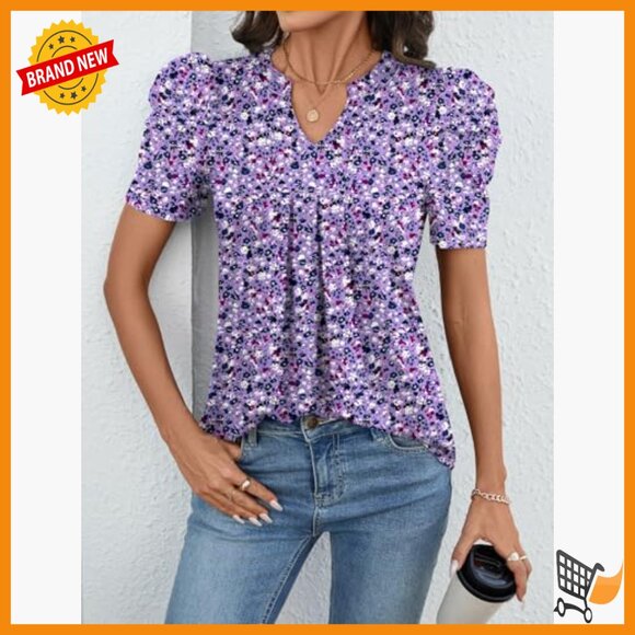 Puff Sleeve V-Neck Blouse, Loose Fit Summer Top, Polyester Blend - Picture 3 of 7